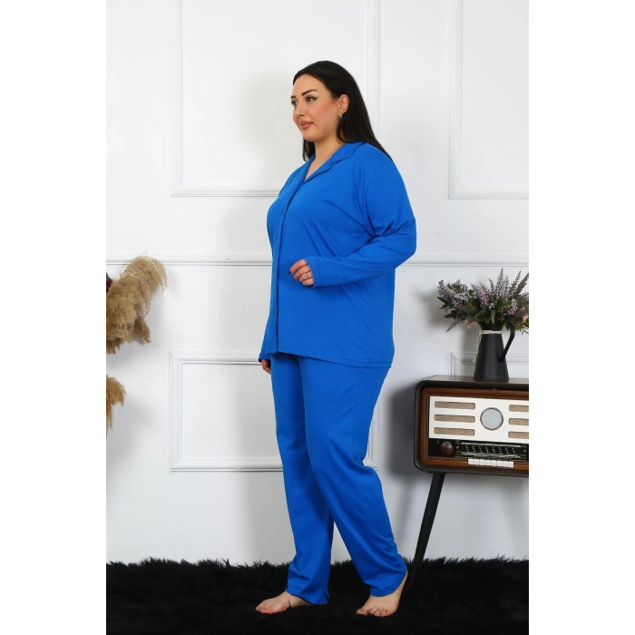 MİRAY- Kadın Büyük Beden Pamuklu Cepli Düğmeli Saks Pijama Takım