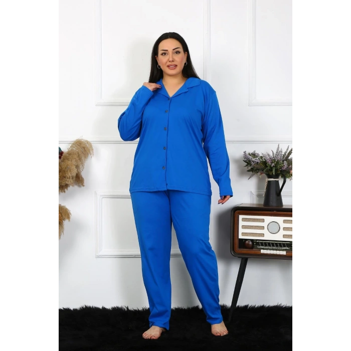 MİRAY- Kadın Büyük Beden Pamuklu Cepli Düğmeli Saks Pijama Takım