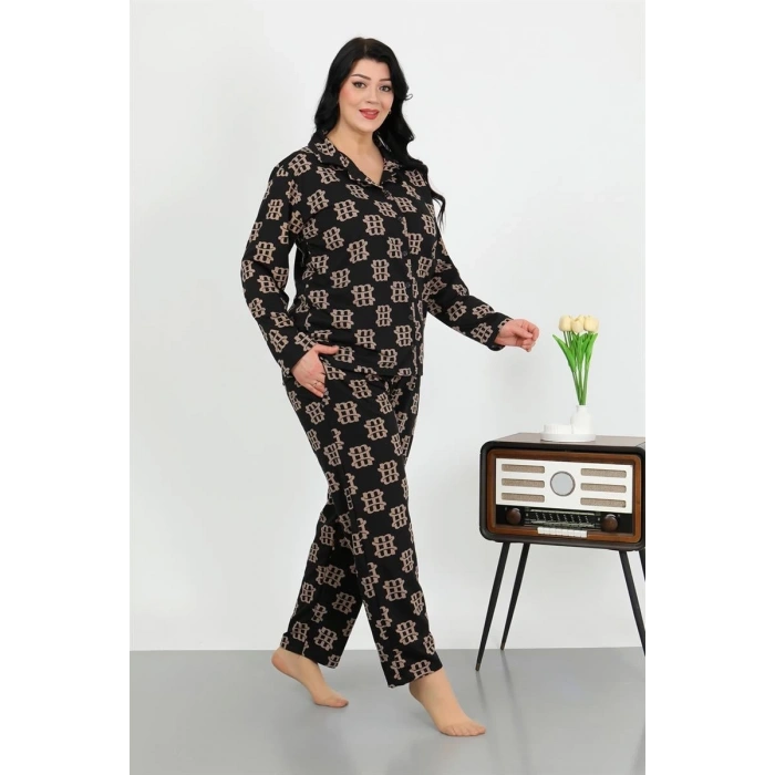 MİRAY- Kadın Büyük Beden Pamuklu Cepli Düğmeli Siyah Pijama Takım