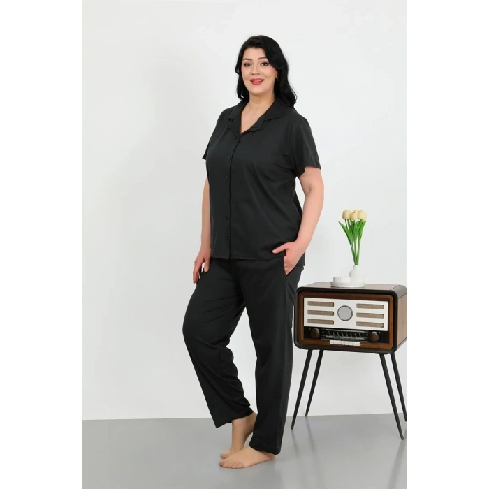 MİRAY- Kadın Büyük Beden Pamuklu Cepli Düğmeli Siyah Pijama Takım
