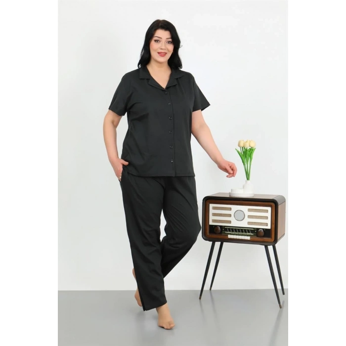 MİRAY- Kadın Büyük Beden Pamuklu Cepli Düğmeli Siyah Pijama Takım