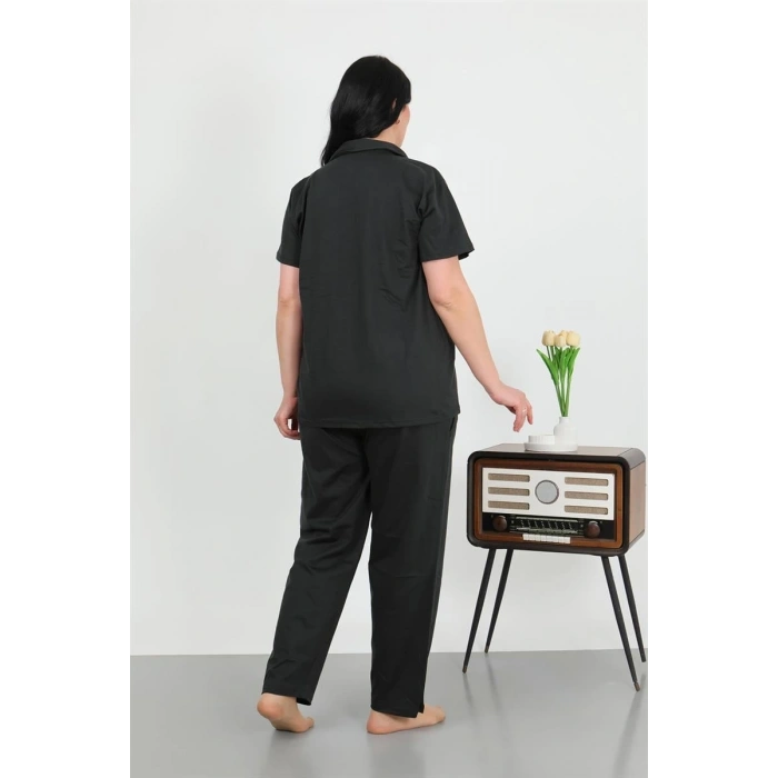 MİRAY- Kadın Büyük Beden Pamuklu Cepli Düğmeli Siyah Pijama Takım
