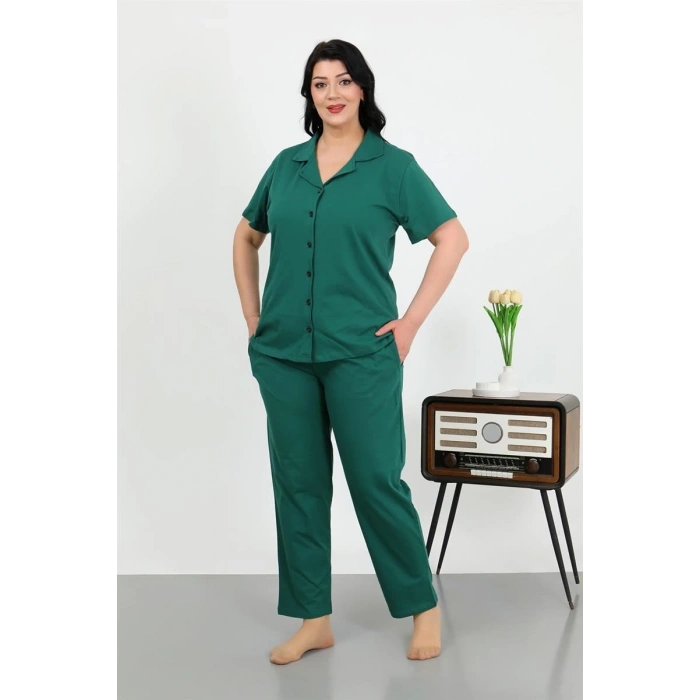 MİRAY- Kadın Büyük Beden Pamuklu Cepli Düğmeli ZümrütYeşili Pijama Takım