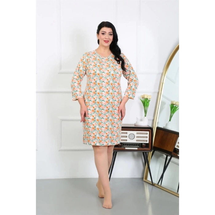 MİRAY- Kadın Büyük Beden Penye Gecelik Ev Elbisesi Krem