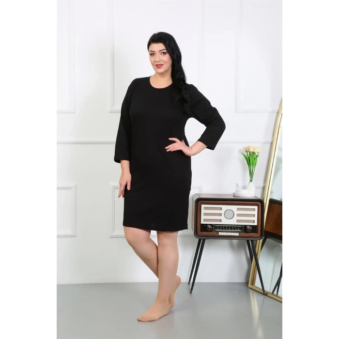 MİRAY- Kadın Büyük Beden Penye Gecelik Ev Elbisesi Siyah
