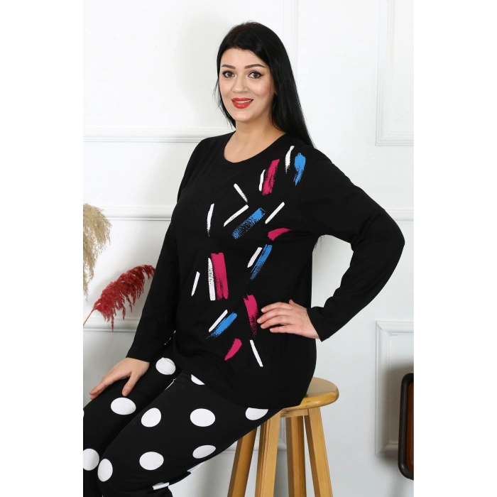 MİRAY- Kadın Büyük Beden Penye Uzun Kol Pijama Takım