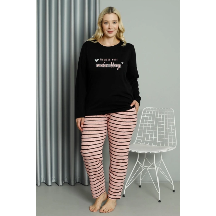 MİRAY- Kadın Büyük Beden Penye Uzun Kol Pijama Takım Siyah