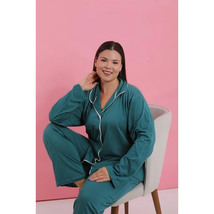 MİRAY- Kadın Büyük Beden Petrol Rengi Düğmeli Pijama Takımı