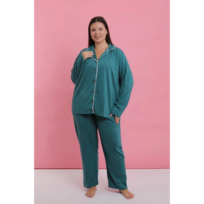 MİRAY- Kadın Büyük Beden Petrol Rengi Düğmeli Pijama Takımı