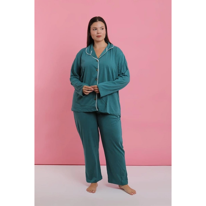 MİRAY- Kadın Büyük Beden Petrol Rengi Düğmeli Pijama Takımı