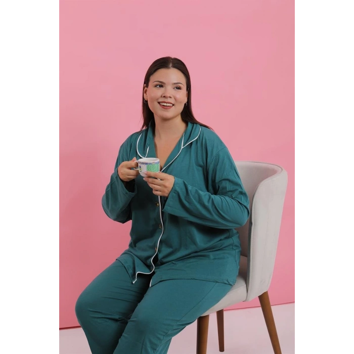 MİRAY- Kadın Büyük Beden Petrol Rengi Düğmeli Pijama Takımı