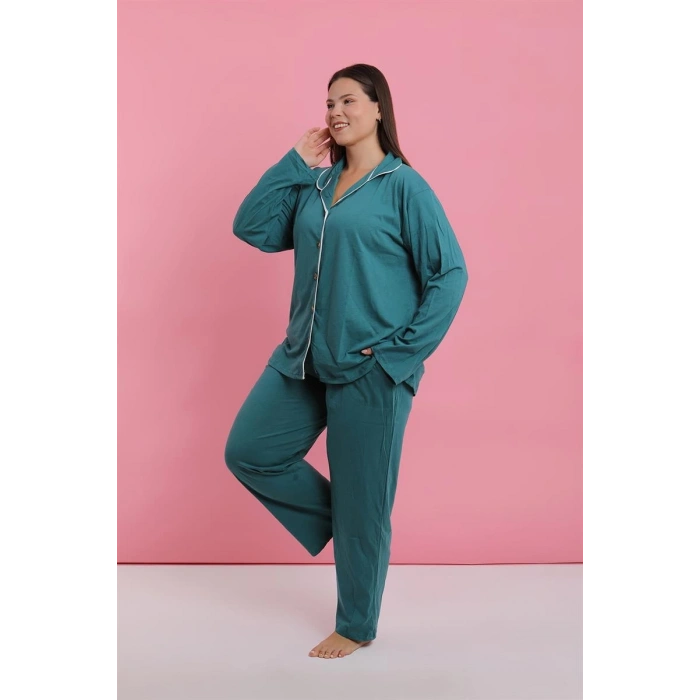 MİRAY- Kadın Büyük Beden Petrol Rengi Düğmeli Pijama Takımı