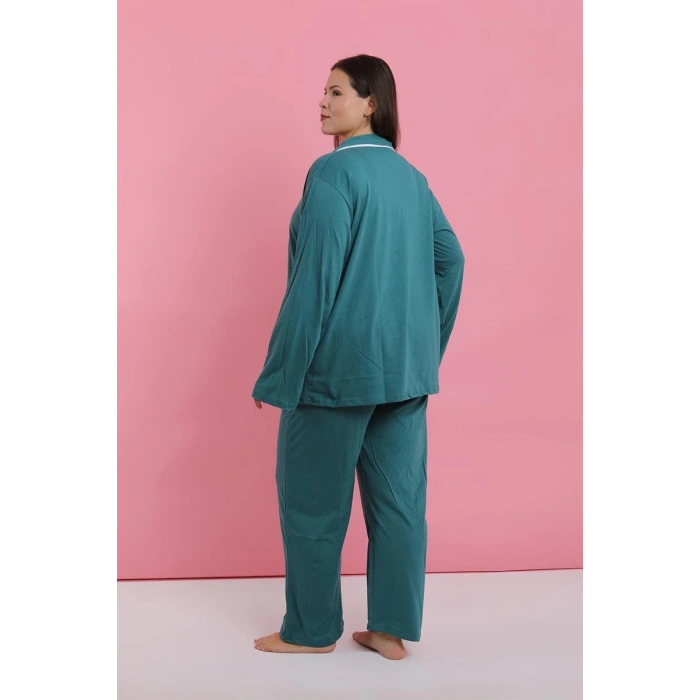 MİRAY- Kadın Büyük Beden Petrol Rengi Düğmeli Pijama Takımı