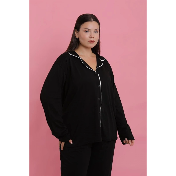 MİRAY- Kadın Büyük Beden Siyah Düğmeli Pijama Takımı