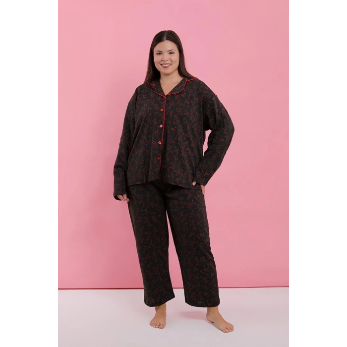 MİRAY- Kadın Büyük Beden Siyah Kırmızı Çiçekli Düğmeli Pijama Takımı