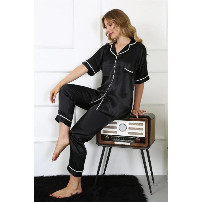 MİRAY- Kadın Büyük Beden Siyah Saten Pijama Takımı