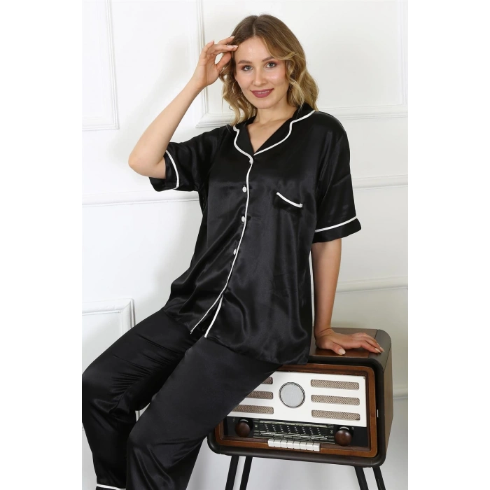 MİRAY- Kadın Büyük Beden Siyah Saten Pijama Takımı