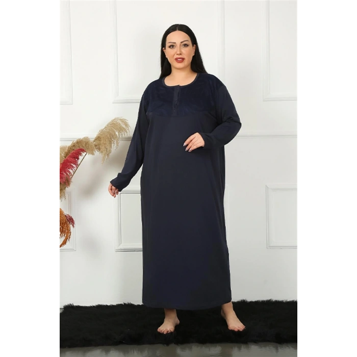 MİRAY- Kadın Büyük Beden Uzun Kol Dantelli Lacivert Anne Gecelik