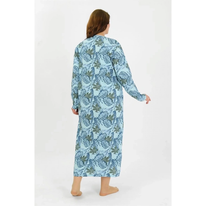 MİRAY- Kadın Büyük Beden Uzun Kol Mavi Anne Gecelik