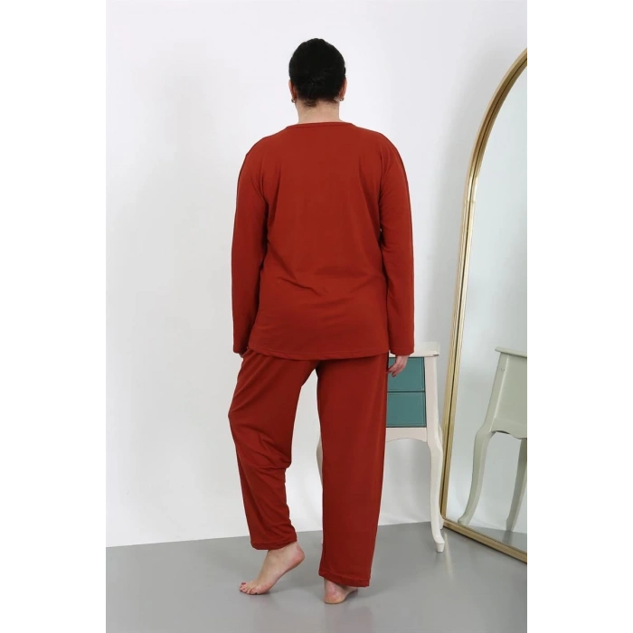 MİRAY- Kadın Büyük Beden Uzun Kol Penye Pijama Takımı Kiremit
