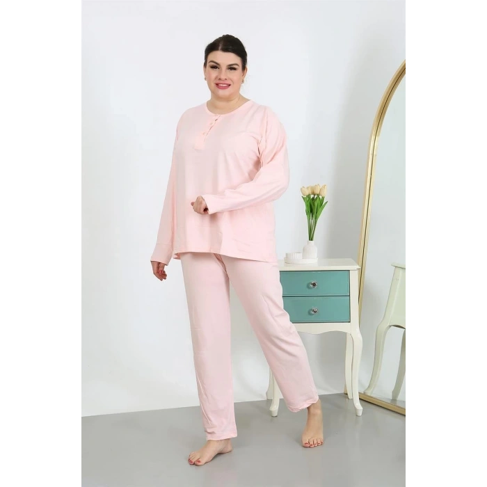 MİRAY- Kadın Büyük Beden Uzun Kol Penye Pijama Takımı Pembe