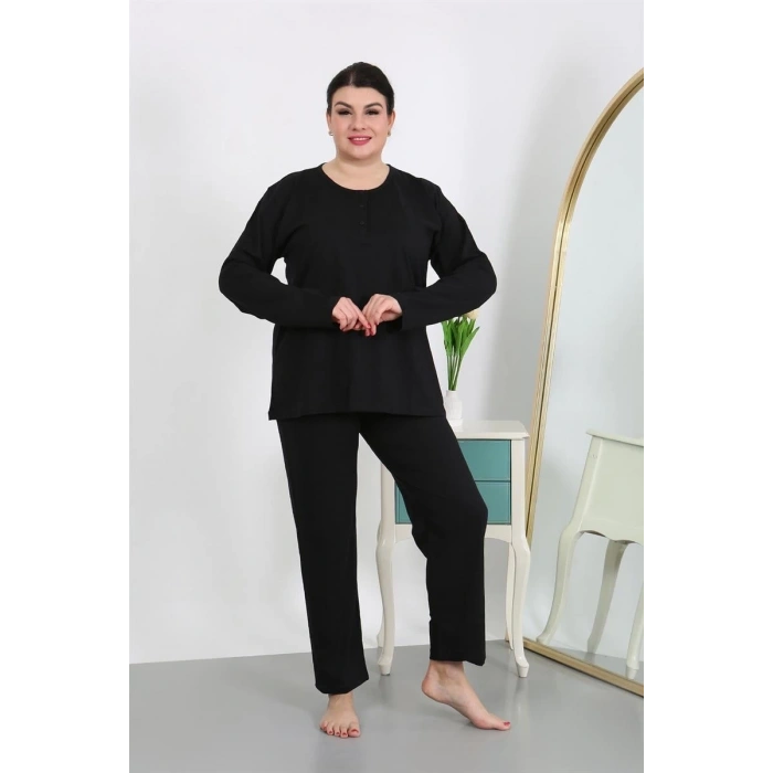 MİRAY- Kadın Büyük Beden Uzun Kol Penye Pijama Takımı Siyah