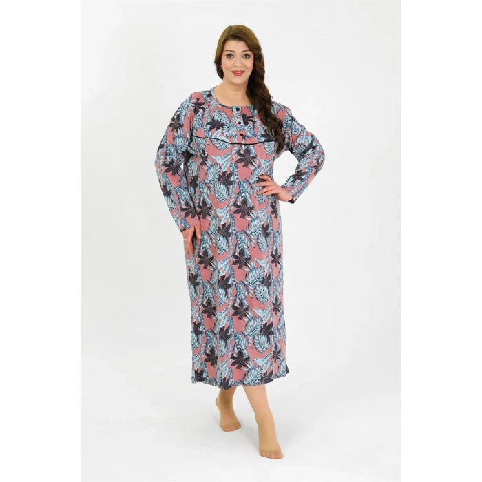 MİRAY- Kadın Büyük Beden Uzun Kol Somon Anne Gecelik
