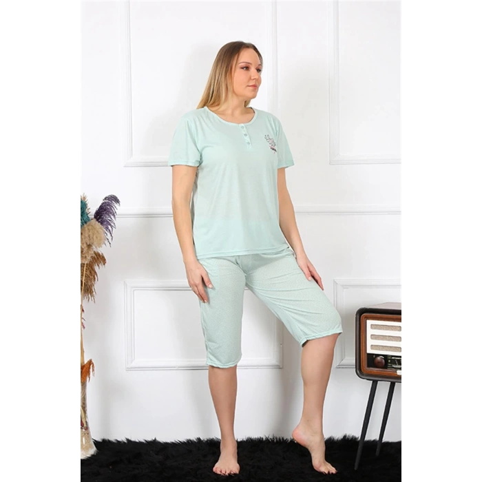 MİRAY- Kadın Büyük Beden Viscon Su Yeşili Kapri Pijama Takım