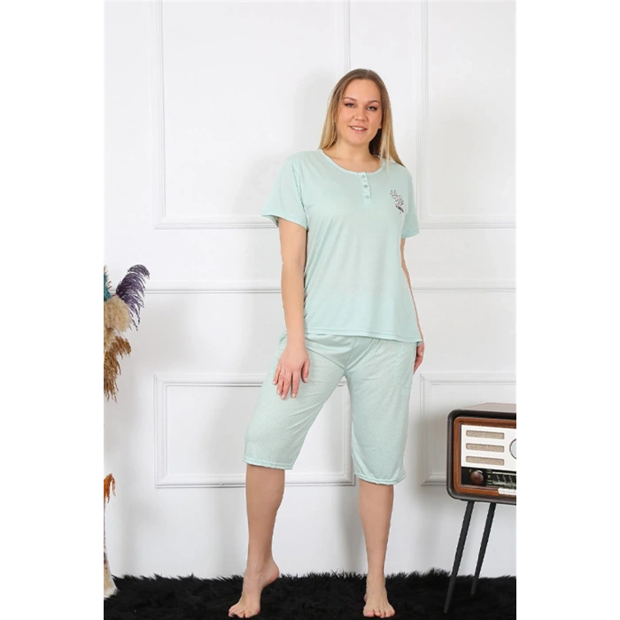 MİRAY- Kadın Büyük Beden Viscon Su Yeşili Kapri Pijama Takım
