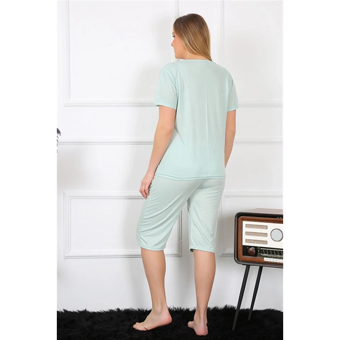 MİRAY- Kadın Büyük Beden Viscon Su Yeşili Kapri Pijama Takım