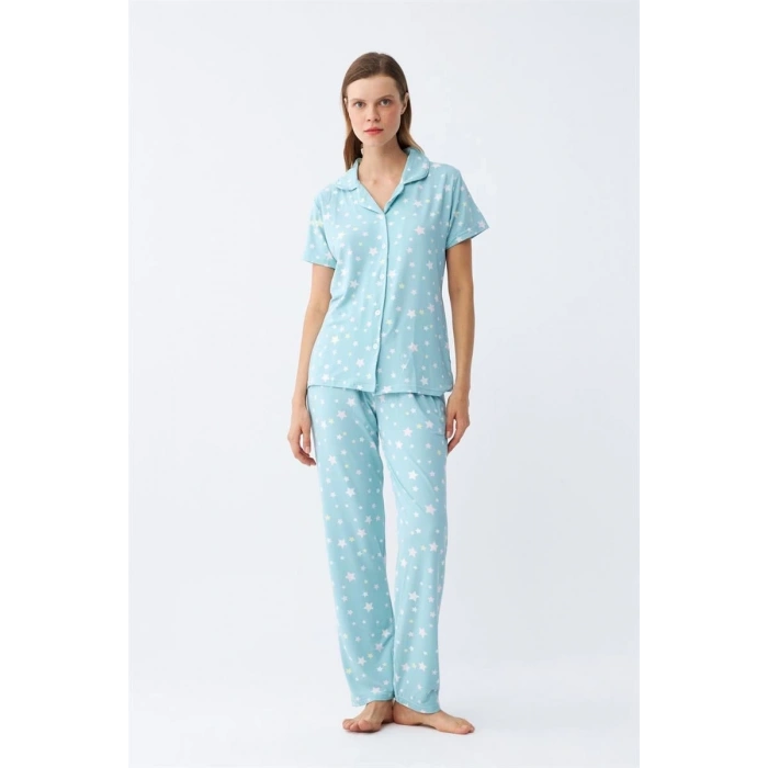 MİRAY- Kadın Buz Mavisi Yıldız Desenli Önden Düğmeli Pijama Takımı