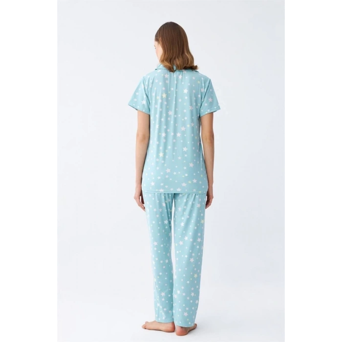MİRAY- Kadın Buz Mavisi Yıldız Desenli Önden Düğmeli Pijama Takımı