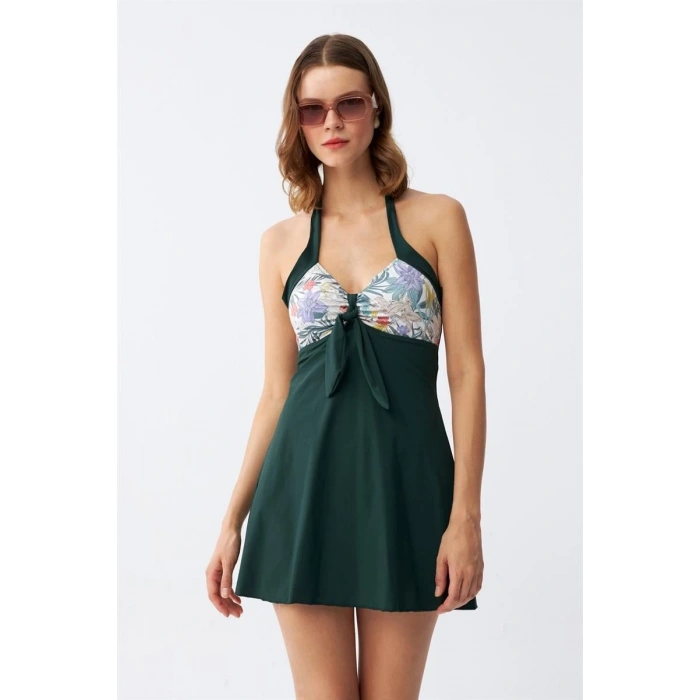 MİRAY- Kadın Çiçek Desenli Fiyonklu Haki Elbise Mayo