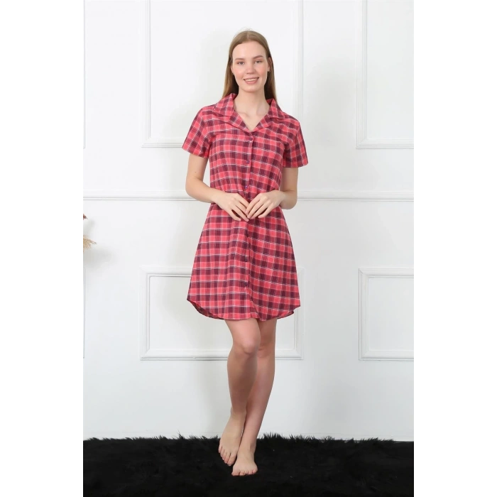 MİRAY- Kadın Dokuma Kumaş Önden Düğmeli Kırmızı Tunik Gecelik