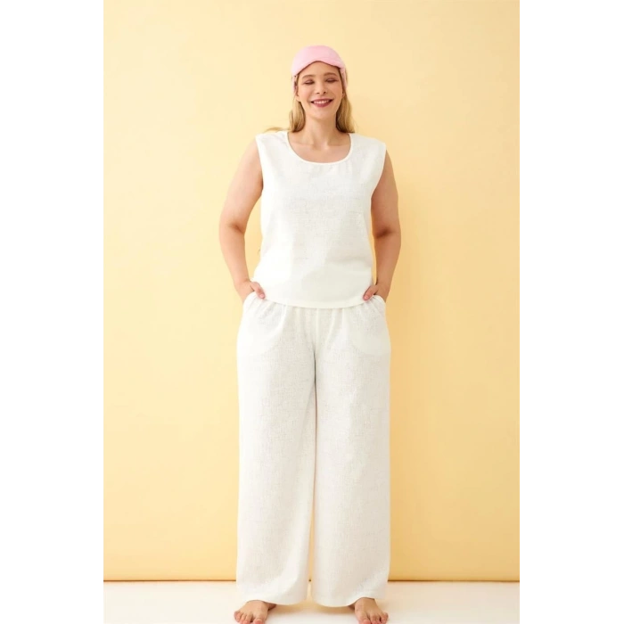 MİRAY- Kadın Ekru Keten Jakarlı Büyük Beden Alt Üst Takım