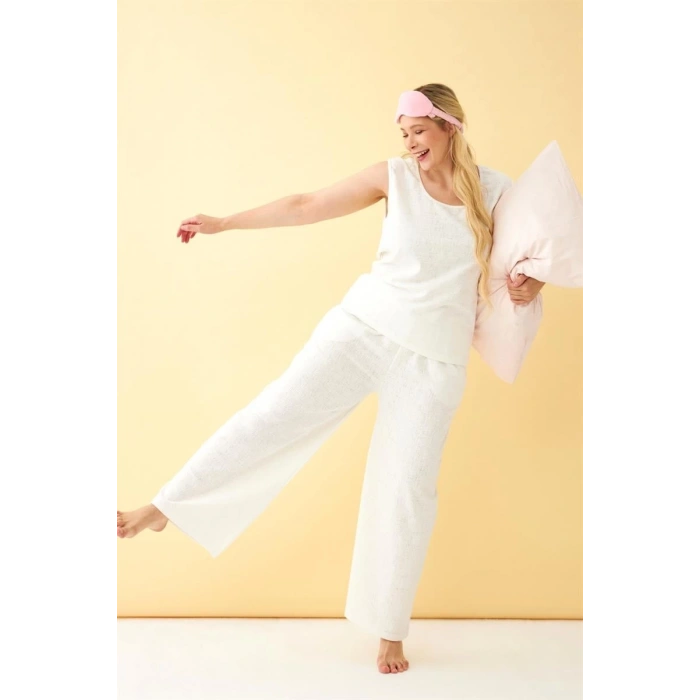 MİRAY- Kadın Ekru Keten Jakarlı Büyük Beden Alt Üst Takım