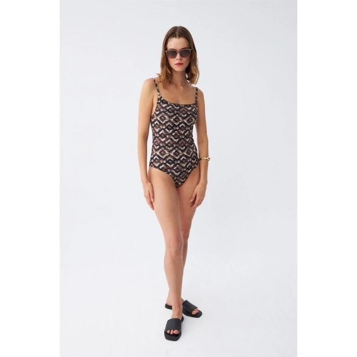 MİRAY- Kadın Etnik Desenli İnce Askılı Vücut Saran Mayo