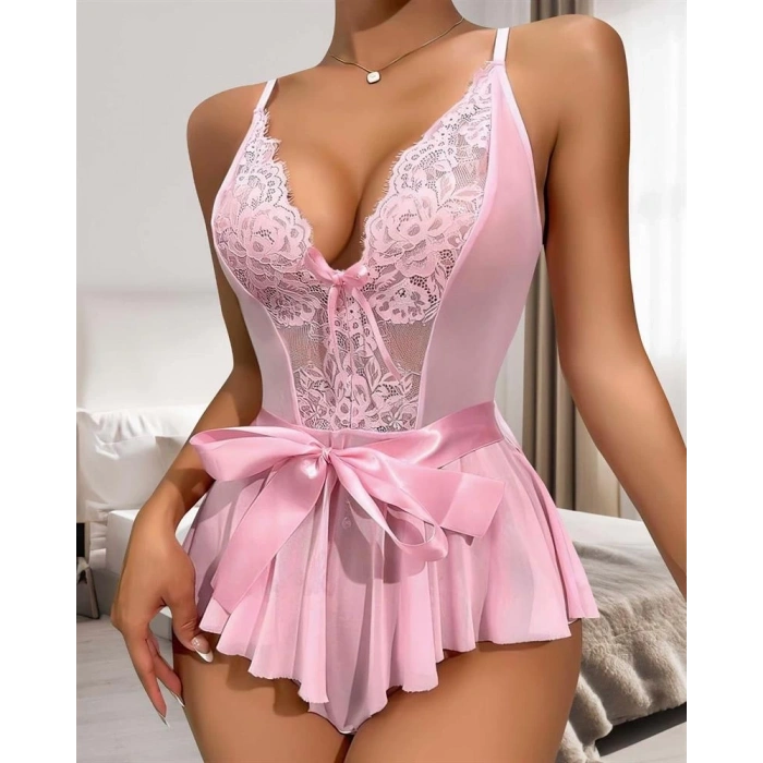 MİRAY- Kadın Fantezi Babydoll Dantel Gecelik Pembe