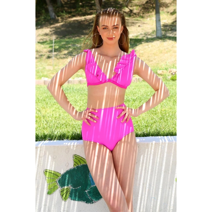 MİRAY- Kadın Fırfırlı Yüksek Bel Fuşya Bikini