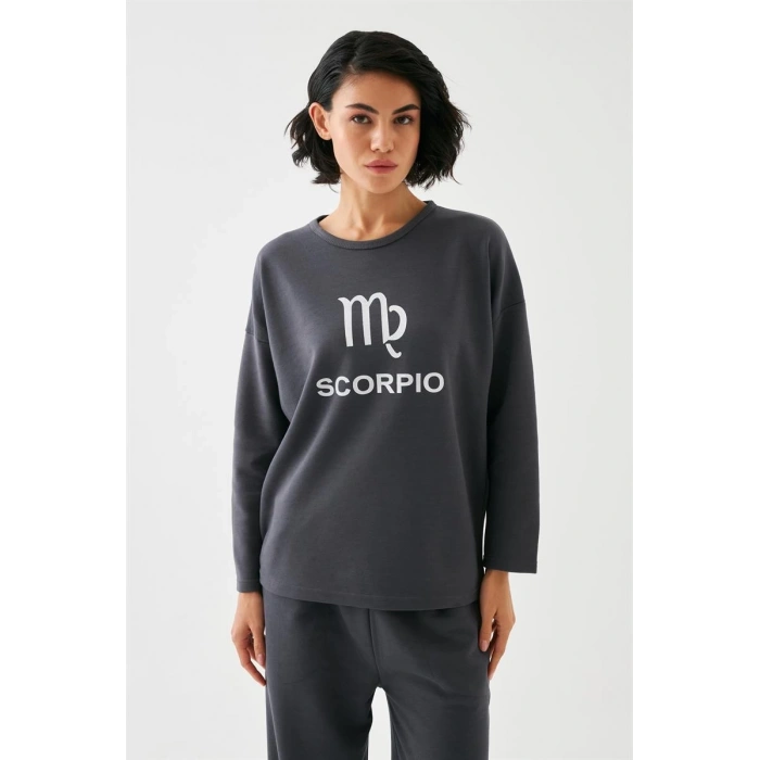 MİRAY- Kadın Füme Akrep Burcu Oversize 2 İplik Eşofman Ev Giyim Takımı