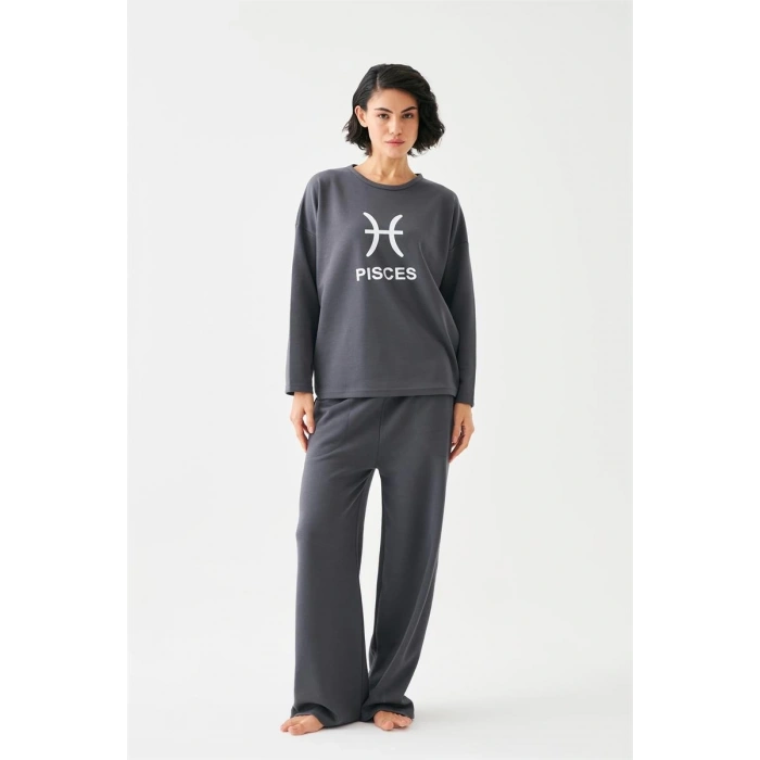 MİRAY- Kadın Füme Balık Burcu Oversize 2 İplik Eşofman Ev Giyim Takımı