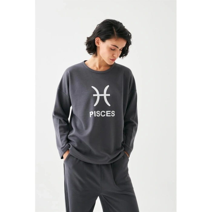 MİRAY- Kadın Füme Balık Burcu Oversize 2 İplik Eşofman Ev Giyim Takımı