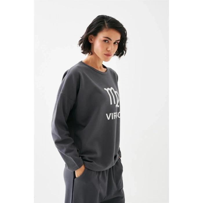 MİRAY- Kadın Füme Başak Burcu Oversize 2 İplik Eşofman Ev Giyim Takımı