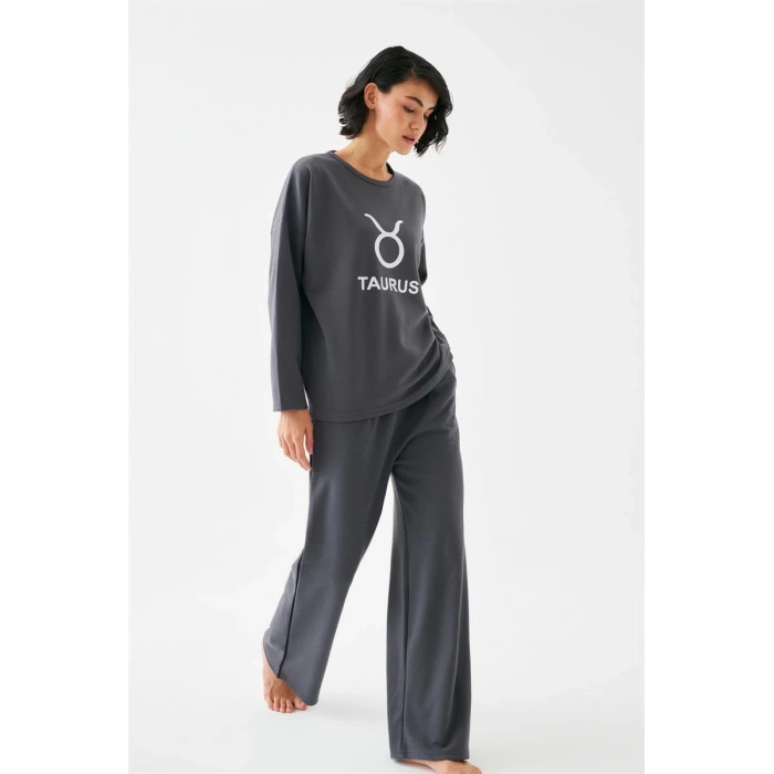 MİRAY- Kadın Füme Boğa Burcu Oversize 2 İplik Eşofman Ev Giyim Takımı