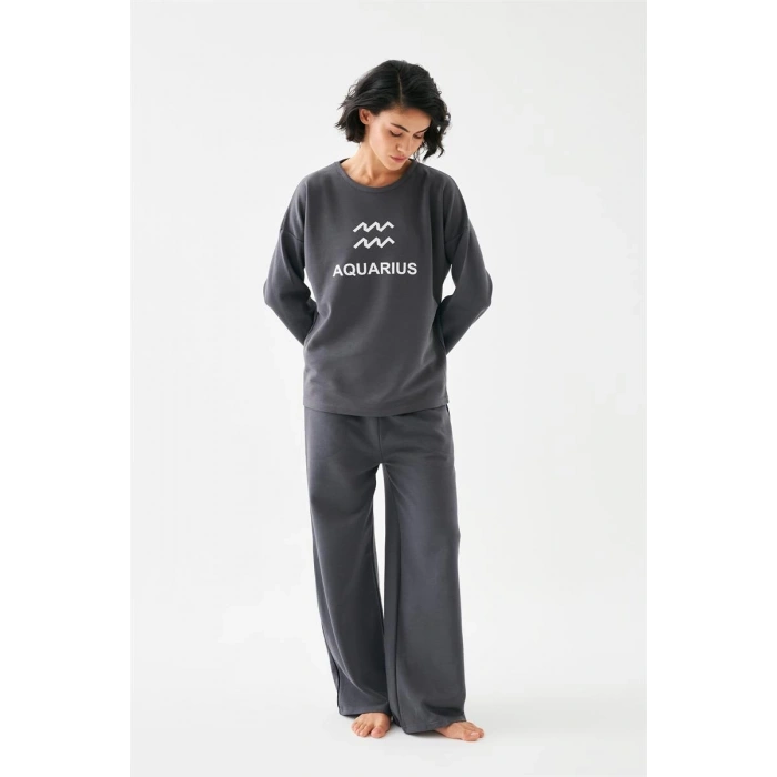 MİRAY- Kadın Füme Kova Burcu Oversize 2 İplik Eşofman Ev Giyim Takımı