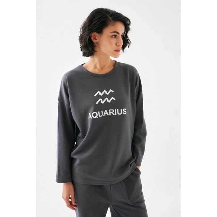 MİRAY- Kadın Füme Kova Burcu Oversize 2 İplik Eşofman Ev Giyim Takımı