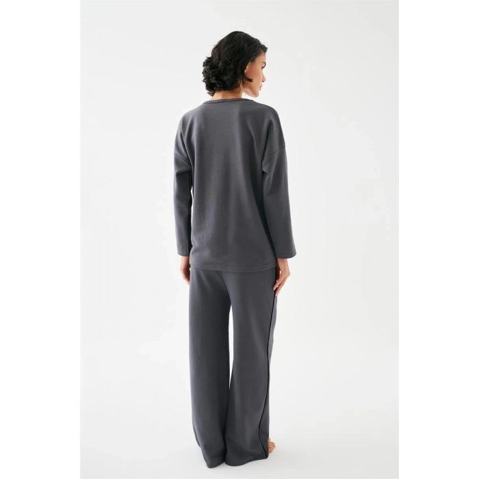 MİRAY- Kadın Füme Kova Burcu Oversize 2 İplik Eşofman Ev Giyim Takımı