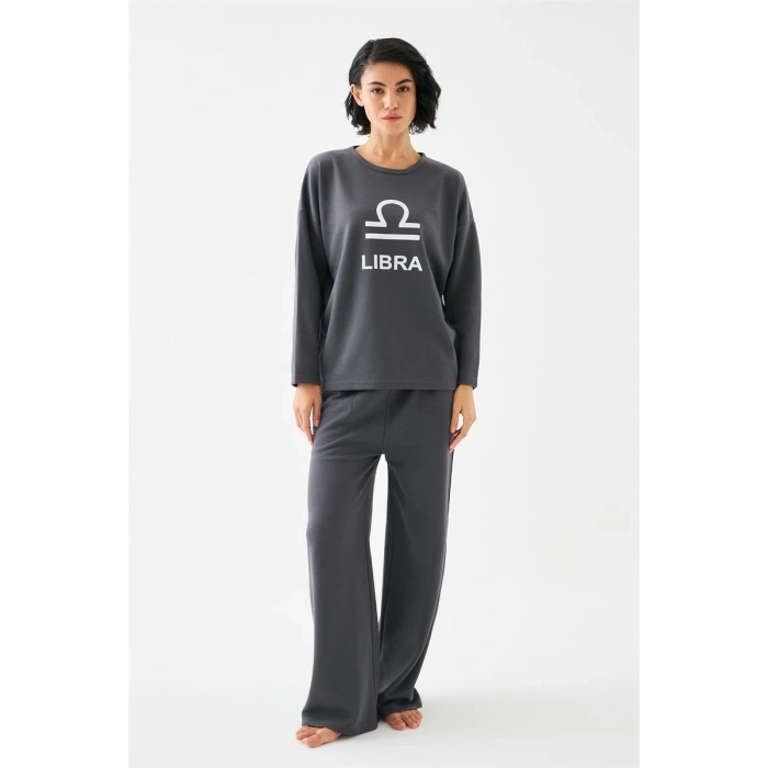 MİRAY- Kadın Füme Terazi Burcu Oversize 2 İplik Eşofman Ev Giyim Takımı