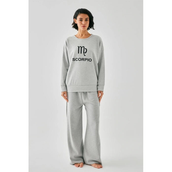 MİRAY- Kadın Gri Akrep Burcu Oversize 2 İplik Eşofman Ev Giyim Takımı