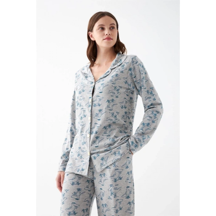 MİRAY- Kadın Gri Desenli Düğmeli Pamuklu Pijama Takımı